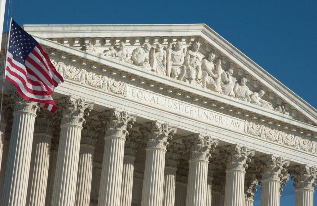 The front facade of the United States Supreme Court in Washington D.C.